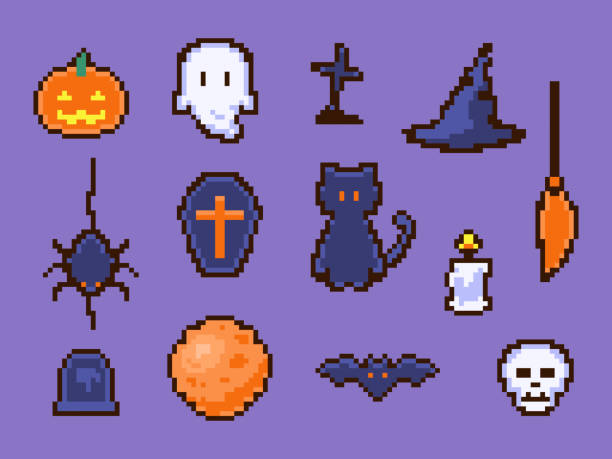 pixel-art-set mit halloween-gegenständen. - video game skull monster 1980s style stock-grafiken, -clipart, -cartoons und -symbole