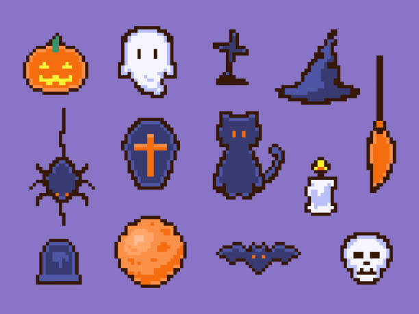 ilustrações de stock, clip art, desenhos animados e ícones de pixel art set of halloween items. - video game skull monster 1980s style