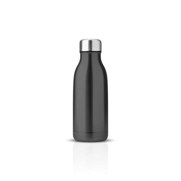 istock Vector Realistic 3d Black Blank Glossy Metal Reusable Water Bottle with Silver Bung Closeup Isolated on White Background. Design template of Packaging Mockup. Front View 1754293453