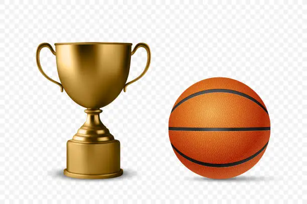 Vector illustration of Realistic Vector 3d Blank Golden Champion Cup Icon with Basketball Set Closeup Isolated. Design Template of Championship Trophy. Sport Tournament Award, Gold Winner Cup and Victory Concept