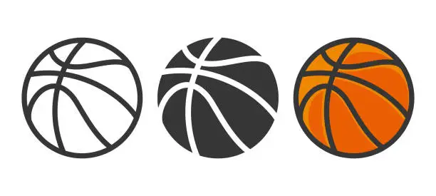 Vector illustration of Vector Cartoon Basketball Set Closeup Isolated. Black and White and Color Basketball Sports Ball, Design Templates for Logo, Basketball Sports Equipment