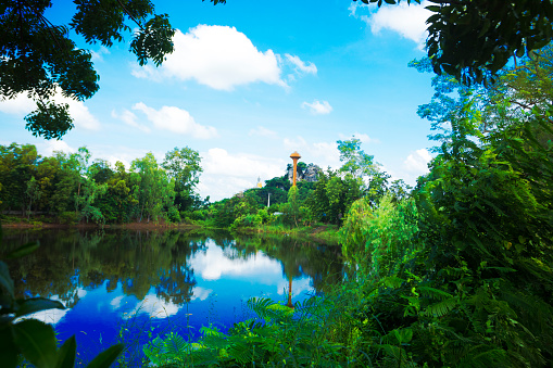 Buddha statue on rock behind pond  in landscape of village Parangmee near Noen Maprang  in province Phitsanulok