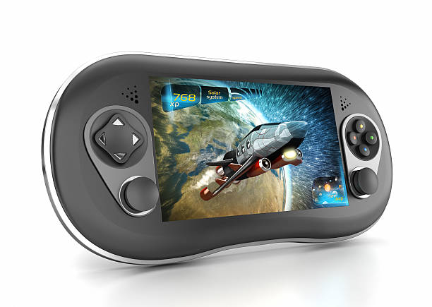 Handheld game console isolated on white Next-gen handheld game console isolated on white. The image on the screen and the user interface are my own designs. Clipping path included.  (Please note that clipping path will be available in the largest file size purchase.)World map's obtained from the Nasa public domain archive and then has been modified for required diffuse and bump maps. Link: http://veimages.gsfc.nasa.gov/7100/world.topo.bathy.200401.3x5400x2700.jpgSimilar images: handheld video game stock pictures, royalty-free photos & images