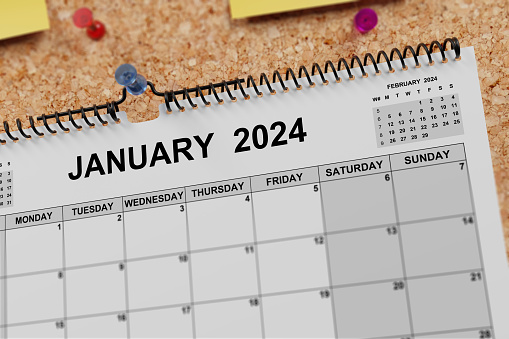 Top view of new year calendar January 2023 of yellow straw color on old wooden background with negative space on the right.