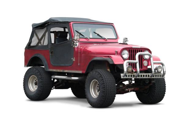 Dark red soft top SUV on white background "Sport utility vehicle, placed on a white backgraound, complete with work path for your convenience." jeep stock pictures, royalty-free photos & images