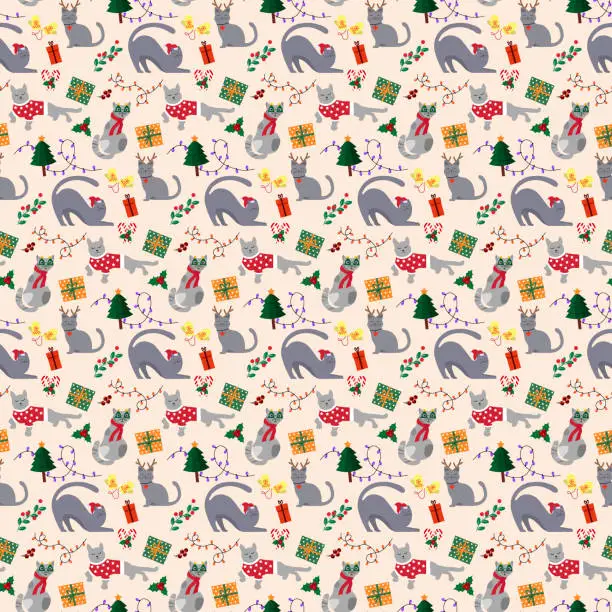 Vector illustration of Seamless pattern with cats and New Year elements. Gifts, plants and Christmas tree, mittens.