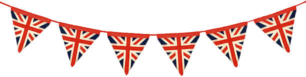 Union Jack Bunting Six Triangular Flags Six triangular flags used as bunting.  Made from cloth and suspended from a red cloth ribbon. Isolated on white.______Click on a thumbnail below for an alternative bunting photo british flag photos stock pictures, royalty-free photos & images
