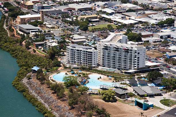 Aerial view of Mackay Bluewater Lagoon public swimming pool stock photo