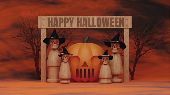 Happy halloween background. Wooden peg dolls model with a skull head in a witch's hat
