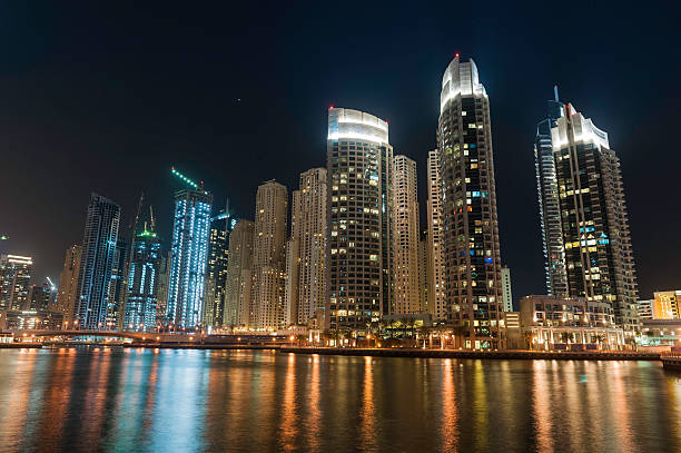 istock Dubai futuristic skyline highrises illuminated at night 175433183