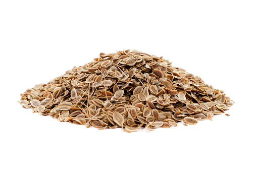 Heap of dried dill seeds isolated on white background, top view. Pile of dill seeds, top view. Close-up of dill seeds isolated on white background, top view