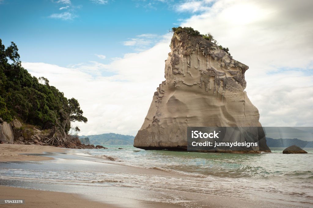 Cathedral Cove Surf "Evening Light on a limestone rock formation in cathedral cove, ocean surf in foreground. Copy space." Beach Stock Photo