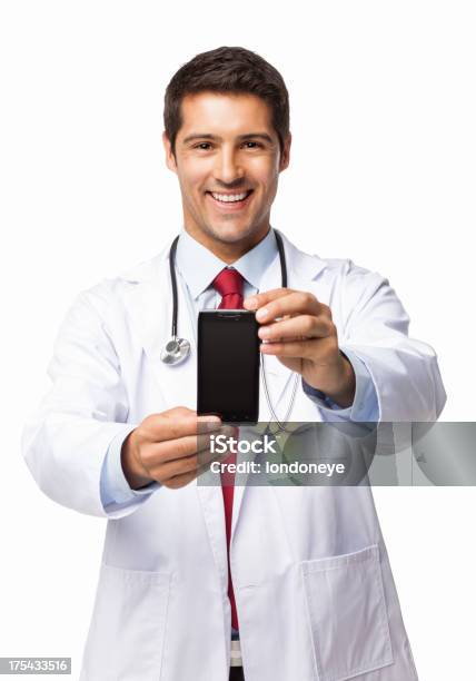Médico Masculino Exploração Inteligente Telefoneisolada - Fotografias de stock e mais imagens de Doutor