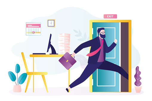 Getting Off Work Male Employee Runs Out Of Office Exit Open Doors Businessman Runs Away ...