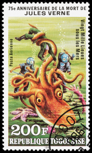 1980 Togo postage stamp illustrating a scene from the 1870 novel Twenty Thousand Leagues Under the Sea.