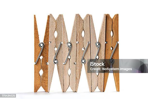 Six Wood Clothespins Isolated Stock Photo - Download Image Now - Close-up, Clothespin, Cut Out