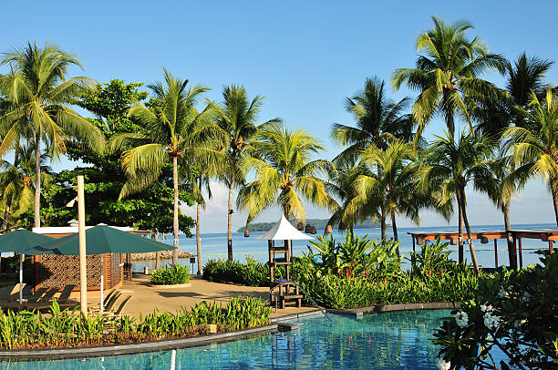 Tropical hotel swimming pool, Bintan island, Indonesia
