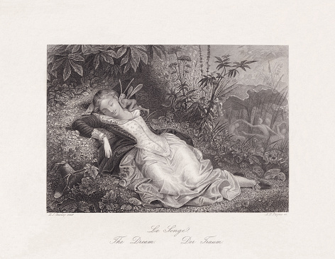 The Dream. Steel engraving after an original by Harold John Stanley (British painter and illustrator, 1817 - 1867), published ca. 1850.