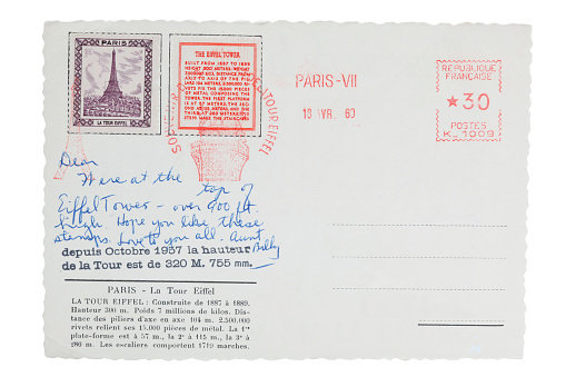 Postcard with Eiffel Tower stamps with date of 18-4-1960. The text on a bottom is the French traduction of the red stamp.