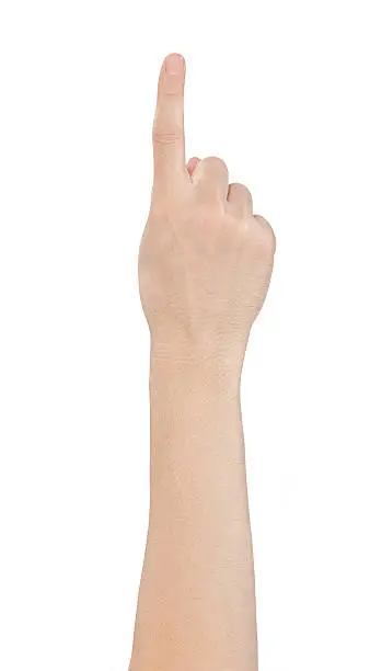 Photo of Hand showing one finger on white background