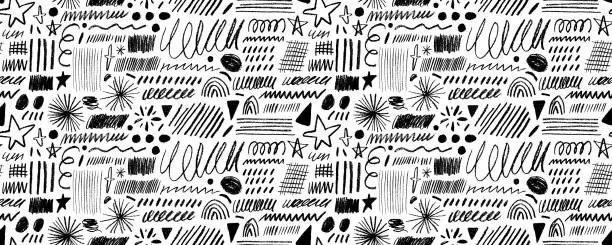 Vector illustration of Charcoal doodle lines and shapes seamless banner design.
