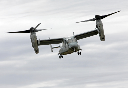 US Marines Osprey tiltrotor transport aircraft coming in for landing.