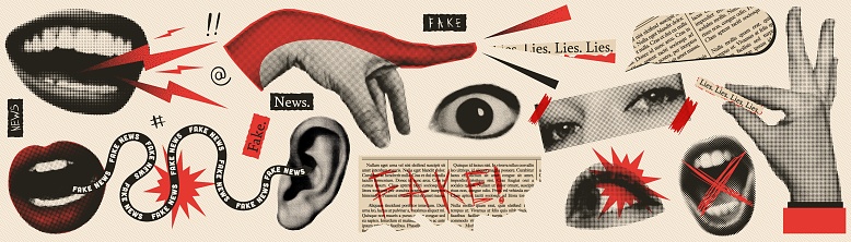 Fake news trendy vintage collage conception. Halftone lips, eyes, hands. Retro newspaper and torn paper. Elements for banners, poster, sosial media. Vector.