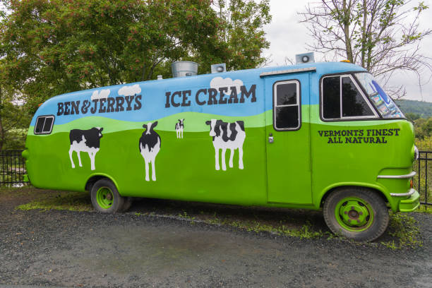 Waterbury Village Historic District, Vermont, United States - August 4, 2023: Ben and Jerry's ice cream delivery truck