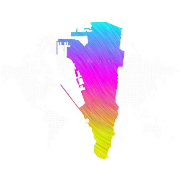 Vector illustration of Gibraltar map in colorful halftone gradients. Future geometric patterns of lines abstract on white background