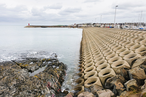 Pre-cast concrete revetment sea defences at Bangor harbour, Northern Ireland, UK
