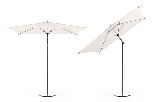 3 d weißen sonnenschirm am strand - parasol stock-fotos und bilder