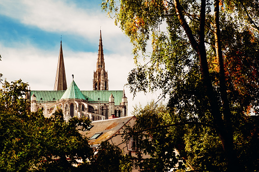 Distant view of Chartres Cathedral, France, framed with trees, and dark copy space.