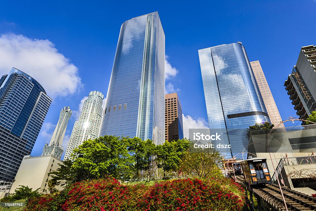 downtown Los Angeles California towering skyline cityscape skyscrapers downtown Los Angeles towering skyscrapers, with Angels Flight Railway the shortest railway in the world City Of Los Angeles Stock Photo