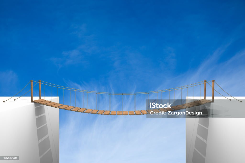Rope bridge Rope bridge on a sky background.Could be useful in a bridge metaphor composition.This is a detailed 3d rendering. Bridging The Gap Stock Photo