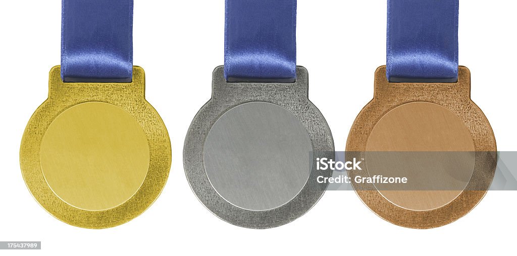 Gold silver and Bronze medals "Gold, silver and Bronze medals on a white background." Second Place Stock Photo