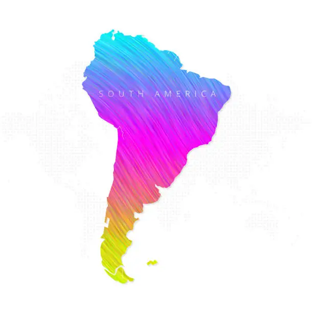 Vector illustration of South America Continent Map in colorful halftone gradients. Future geometric patterns of lines abstract on white background