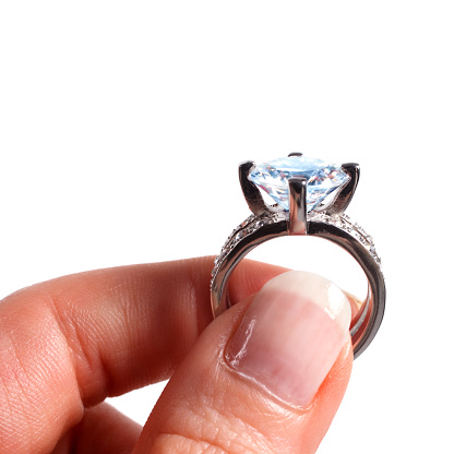 close up shot of female hand holding diamond ring over white background.