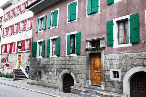 Old buildings with window shutters in Montreux, Switzerland
