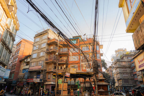 Chaotic crowded  Kathmandu city square in warm sunset light