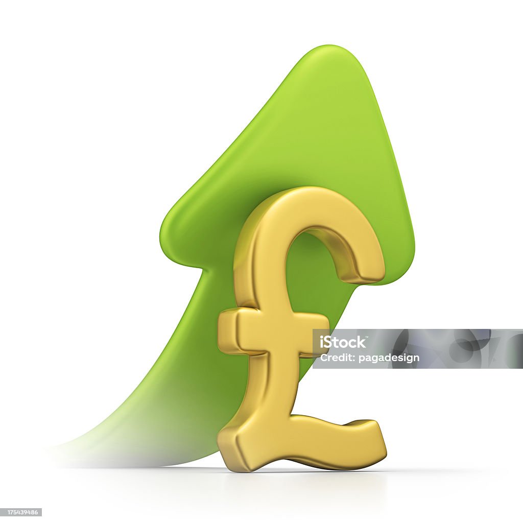 pound growth isolated gold pound symbol and green growth arrow.3d render. British Currency Stock Photo