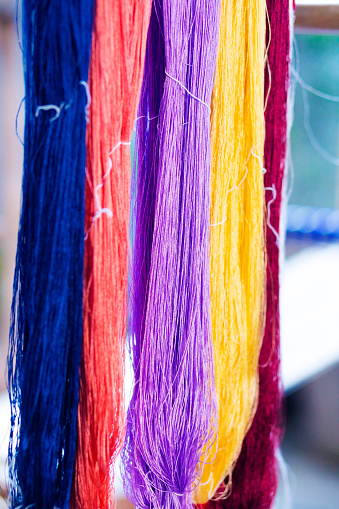 Hanging Colored wool  for thai looming in village in Phitsanulok province, area Parangmee