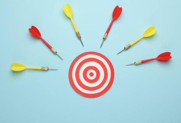 istock Darts needles and target on blue background. Leadership, Business concept 1754397607