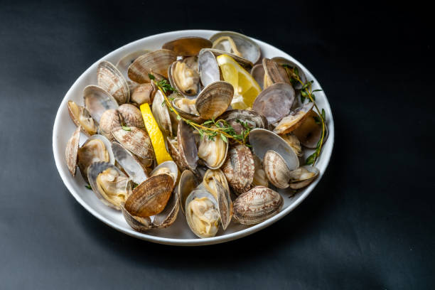 istock A plate of seafood with cooked vongole shells on a dark background. 1754398241