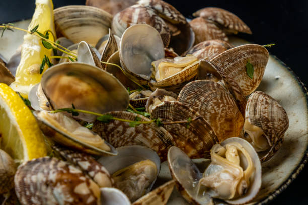 istock Vongole clams with lemon and herbs close-up, dark background. 1754398301