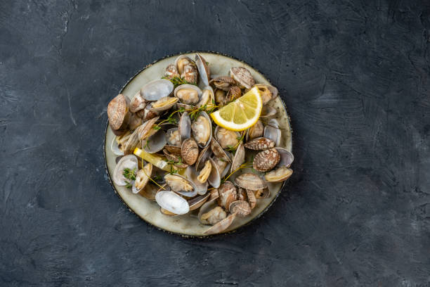 istock Appetizing appetizer, healthy food, cooked vongole clams, top view. Dark background 1754398567