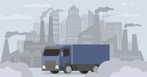 Vector illustration of Truck air pollution.Road smog.Industrial carbon dioxide cloud. Polluted air environment at city.