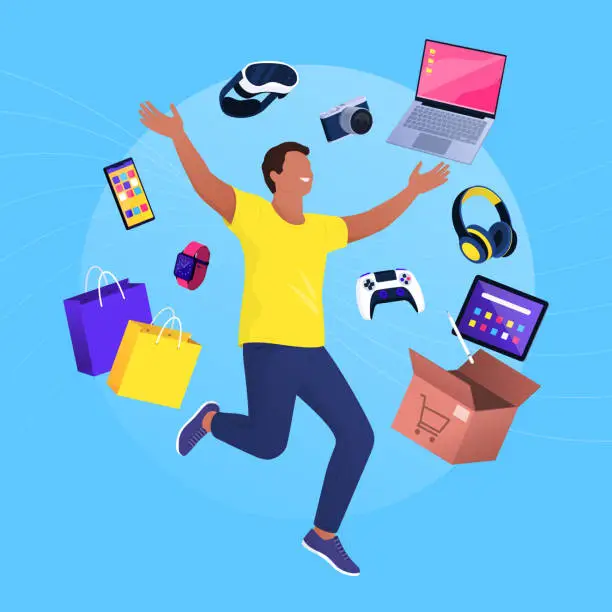 Vector illustration of Happy man surrounded by electronic devices