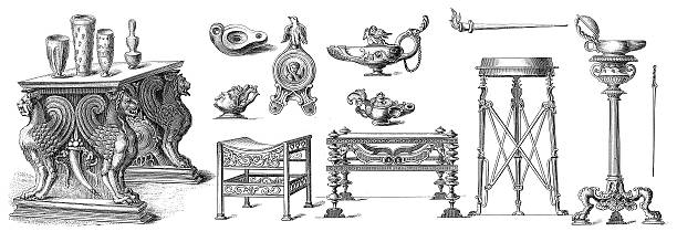 Roman Furniture | Antique Style and Design Illustrations "Antique 19th-century engraving of Roman artefacts. Published in Systematischer Bilder-Atlas zum Conversations-Lexikon, Ikonographische Encyklopaedie der Wissenschaften und Kuenste (Brockhaus, Leipzig) in 1875." three legged race stock illustrations