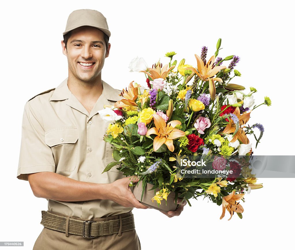 Florista sosteniendo un ramo de flores-aislado - Foto de stock de Servicio de entrega libre de derechos