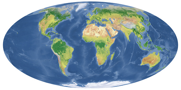 High quality 3D render, shaded relief map.Natural colors,Mollweide Projection.